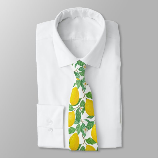 Yellow Green White Lemon Pattern Tie (Tied)