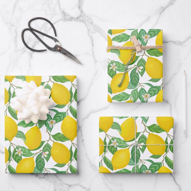 Yellow Green White Lemon Pattern Wrapping Paper Sheet (Front)