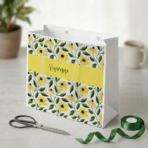 Yellow Green Wildflower Watercolor Monogram Name Large Gift Bag