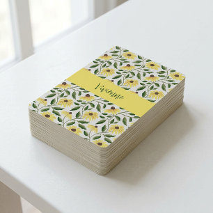Yellow Green Wildflower Watercolor Monogram Name Playing Cards