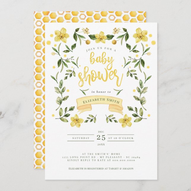 Yellow Greenery Floral Bee Watercolor Invitation (Front/Back)