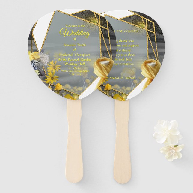 Yellow & Grey 2021 colour 'Wedding' Sunset décor Hand Fan (Front and Back)
