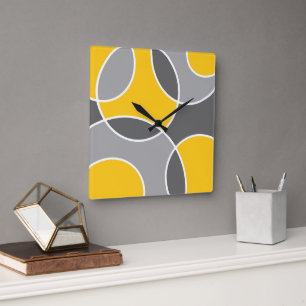 Yellow Grey Abstract Circles Square Wall Clock