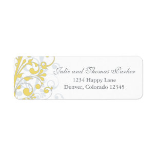 Yellow Grey Abstract Floral Wedding Return Address Label