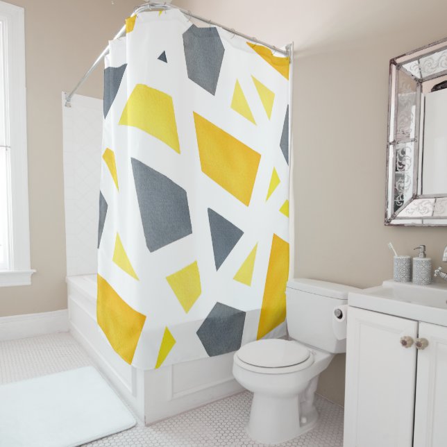 Yellow Grey Abstract Geometric Shower Curtain (In Situ)