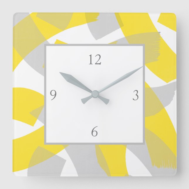 Yellow Grey Acrylic Abstract Brushstrokes  Square Wall Clock (Front)