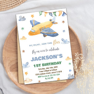 Yellow Grey Aeroplane Birthday Invitations