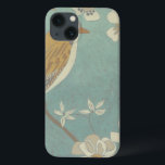 Yellow, Grey and Beige Bird Perched on a Branch iPhone 13 Case<br><div class="desc">Chariklia Zarris is known for her abstract art pieces. In this drawing of a profile of a bird on a blue teal background,  she captured the simplicity of the bird. The white flowers add a romantic touch. Customize your favorite Zazzle product using this beautiful image.</div>