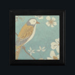 Yellow, Grey and Beige Bird Perched on a Branch Gift Box<br><div class="desc">Chariklia Zarris is known for her abstract art pieces. In this drawing of a profile of a bird on a blue teal background,  she captured the simplicity of the bird. The white flowers add a romantic touch. Customise your favourite Zazzle product using this beautiful image.</div>