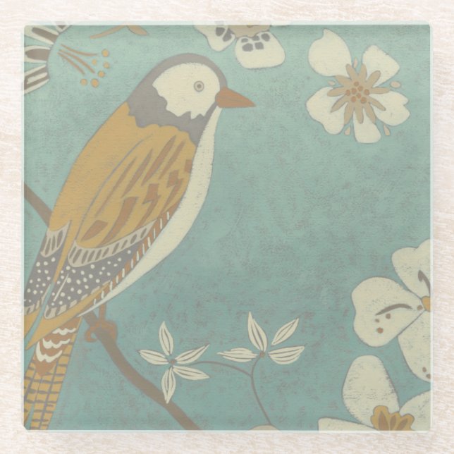 Yellow, Grey and Beige Bird Perched on a Branch Glass Coaster (Front)