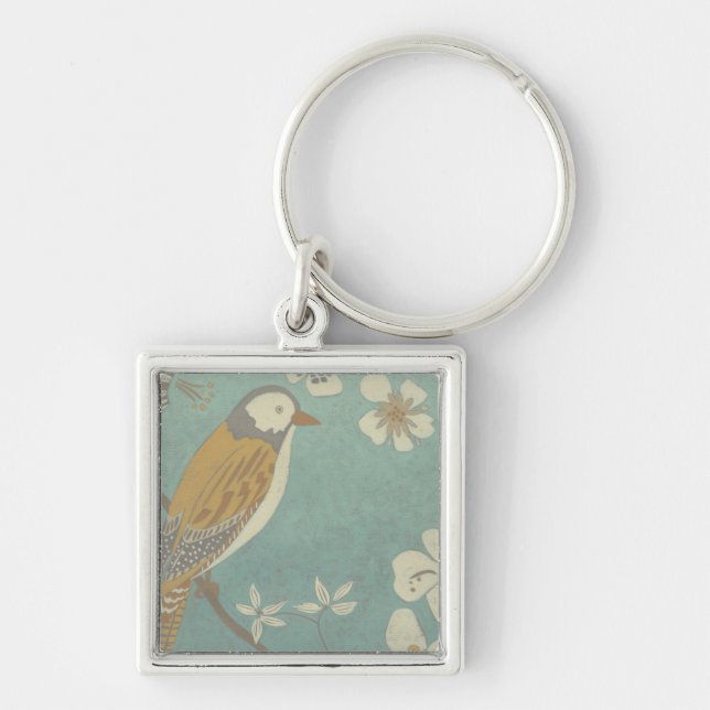 Yellow, Grey and Beige Bird Perched on a Branch Key Ring (Front)