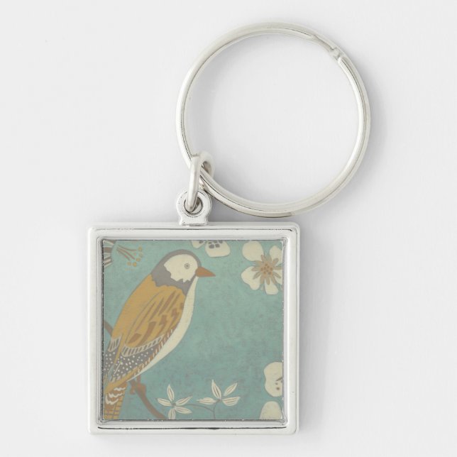 Yellow, Grey and Beige Bird Perched on a Branch Key Ring (Front)
