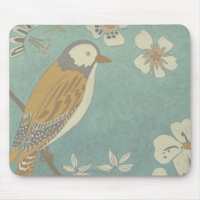 Yellow, Grey and Beige Bird Perched on a Branch Mouse Pad (Front)