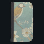 Yellow, Grey and Beige Bird Perched on a Branch Samsung S4 Wallet Case<br><div class="desc">Chariklia Zarris is known for her abstract art pieces. In this drawing of a profile of a bird on a blue teal background,  she captured the simplicity of the bird. The white flowers add a romantic touch. Customise your favourite Zazzle product using this beautiful image.</div>