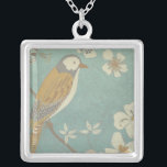 Yellow, Grey and Beige Bird Perched on a Branch Silver Plated Necklace<br><div class="desc">Chariklia Zarris is known for her abstract art pieces. In this drawing of a profile of a bird on a blue teal background,  she captured the simplicity of the bird. The white flowers add a romantic touch. Customise your favourite Zazzle product using this beautiful image.</div>