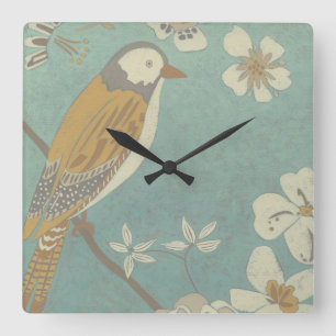 Yellow, Grey and Beige Bird Perched on a Branch Square Wall Clock