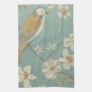 Yellow, Grey and Beige Bird Perched on a Branch Tea Towel