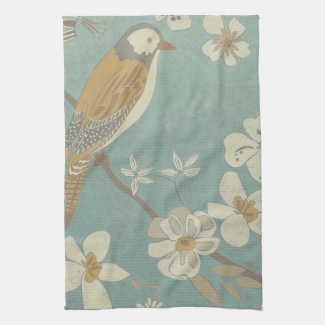 Yellow, Grey and Beige Bird Perched on a Branch Tea Towel (Vertical)