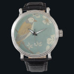 Yellow, Grey and Beige Bird Perched on a Branch Watch<br><div class="desc">Chariklia Zarris is known for her abstract art pieces. In this drawing of a profile of a bird on a blue teal background,  she captured the simplicity of the bird. The white flowers add a romantic touch. Customise your favourite Zazzle product using this beautiful image.</div>