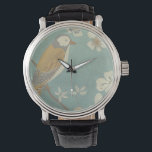 Yellow, Grey and Beige Bird Perched on a Branch Watch<br><div class="desc">Chariklia Zarris is known for her abstract art pieces. In this drawing of a profile of a bird on a blue teal background, she captured the simplicity of the bird. The white flowers add a romantic touch. Customise your favourite Zazzle product using this beautiful image.</div>