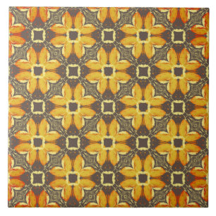 Yellow, Grey, and Taupe Hipster Flowers Pattern Ceramic Tile
