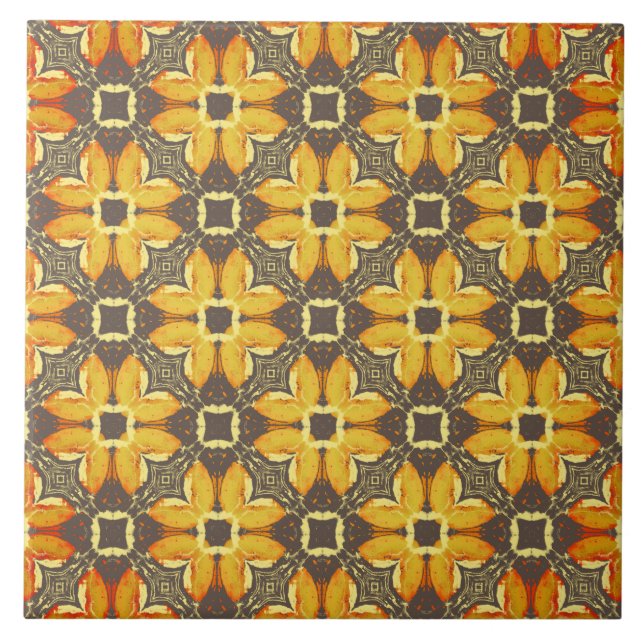 Yellow, Grey, and Taupe Hipster Flowers Pattern Ceramic Tile (Front)