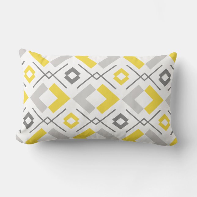 Yellow grey and white geometric pattern lumbar cushion (Front)