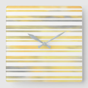 Yellow Grey and White Stripes Square Wall Clock