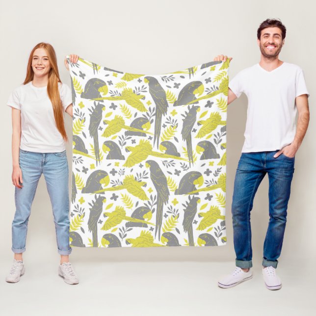 Yellow Grey Ara Parrot Drawing Tropical Pattern  Fleece Blanket (In Situ)