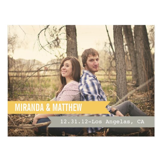 Yellow & Grey Banners Save The Date Post Card