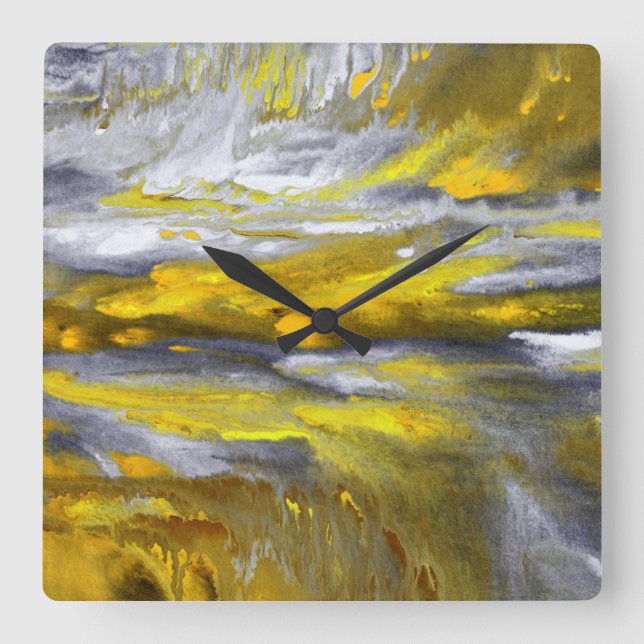 Yellow Grey Black Abstract Square Wall Clock (Front)