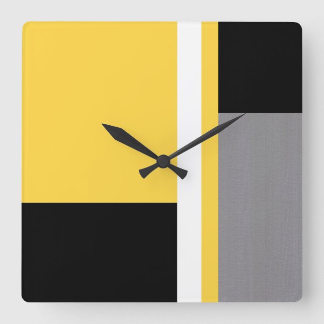 Yellow Grey Black and White Block Square Wall Clock (Front)