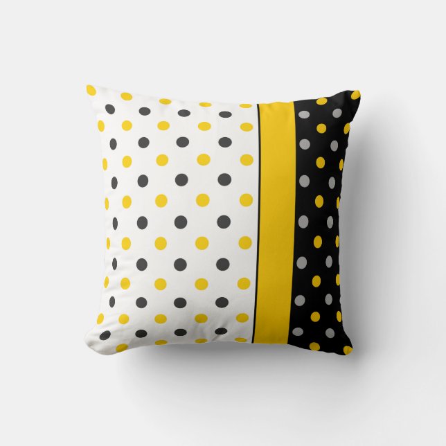 Yellow, Grey, Black and White Polka Dot Modern Cushion (Front)