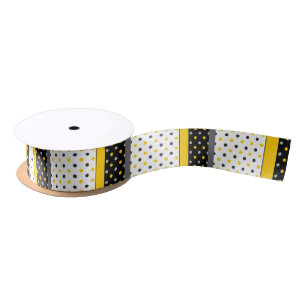 Yellow Grey Black and White Polka Dot Modern Satin Ribbon