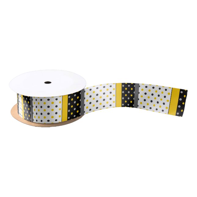 Yellow Grey Black and White Polka Dot Modern Satin Ribbon (Spool)
