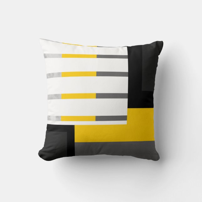 Yellow Grey Black and White Striped Block Cushion (Front)