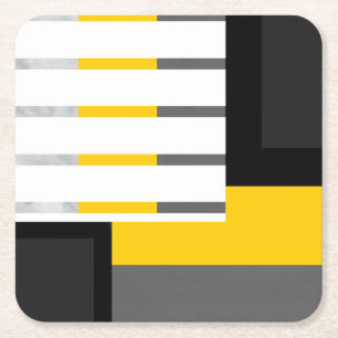 Yellow Grey Black and White Striped Block Square Paper Coaster
