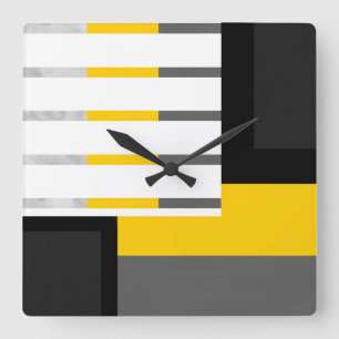 Yellow Grey Black and White Striped Block Square Wall Clock