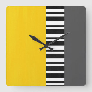 Yellow Grey Black and White Striped Modern Square Wall Clock