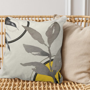 Yellow Grey Black & Gold Watercolor Leaves Cushion