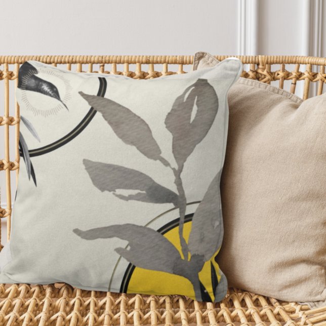 Yellow Grey Black & Gold Watercolor Leaves Cushion (Creator Uploaded)