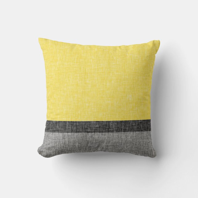 Yellow Grey Black Stripes Digital Burlap Pattern Cushion (Front)