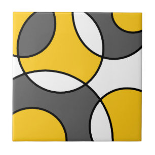 Yellow Grey Black White Abstract Circles  Ceramic Tile