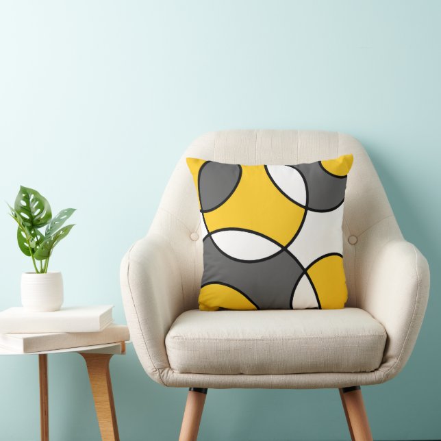 Yellow Grey Black White Abstract Circles Cushion (Chair)