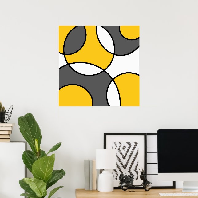 Yellow Grey Black White Abstract Circles Poster (Home Office)