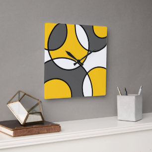 Yellow Grey Black White Abstract Circles Square Wall Clock