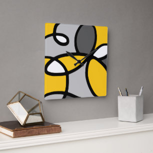 Yellow Grey Black White Abstract Square Wall Clock