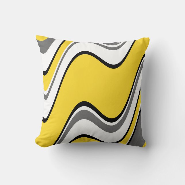 Yellow Grey Black White Abstract Waves Cushion (Front)
