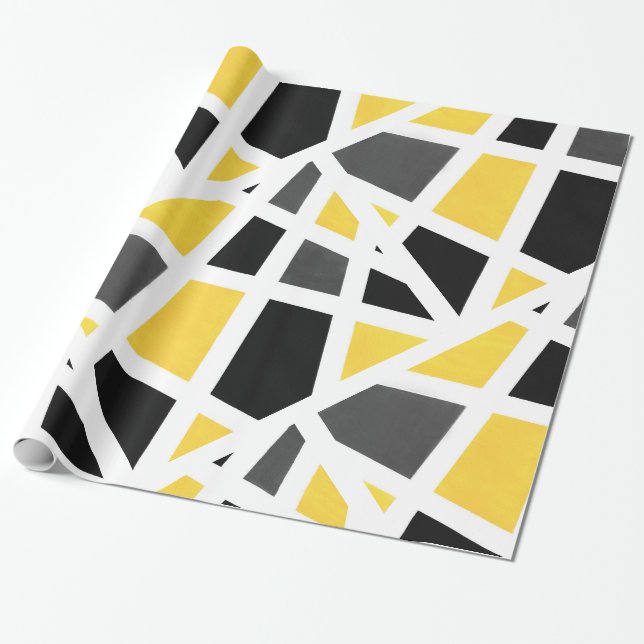 Yellow Grey Black White Geometric Abstract Wrapping Paper (Unrolled)