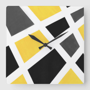 Yellow Grey Black White Geometric Square Wall Clock